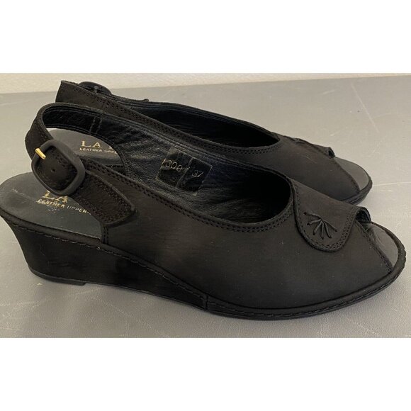 La Plume Black Suede Leather Open Toe Slide Sandals Made in Italy Size 37 US 6.5 - Picture 1 of 4